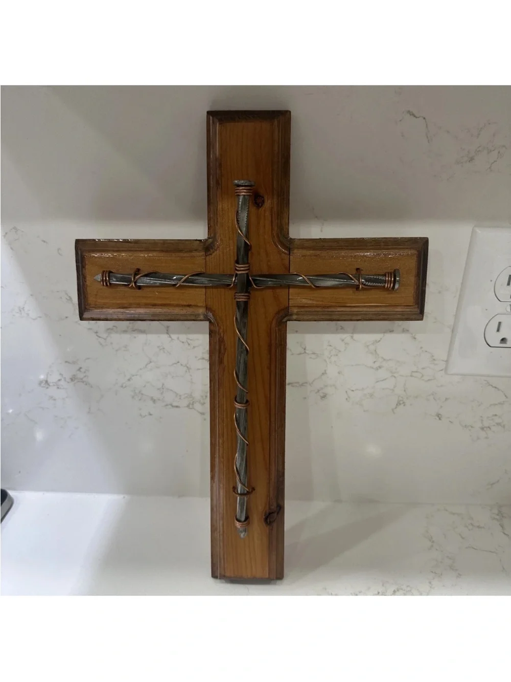 Wooden Cross Spike Nails Wire Polished Rough Wood Wall Hanging 14”x10” HANDMADE